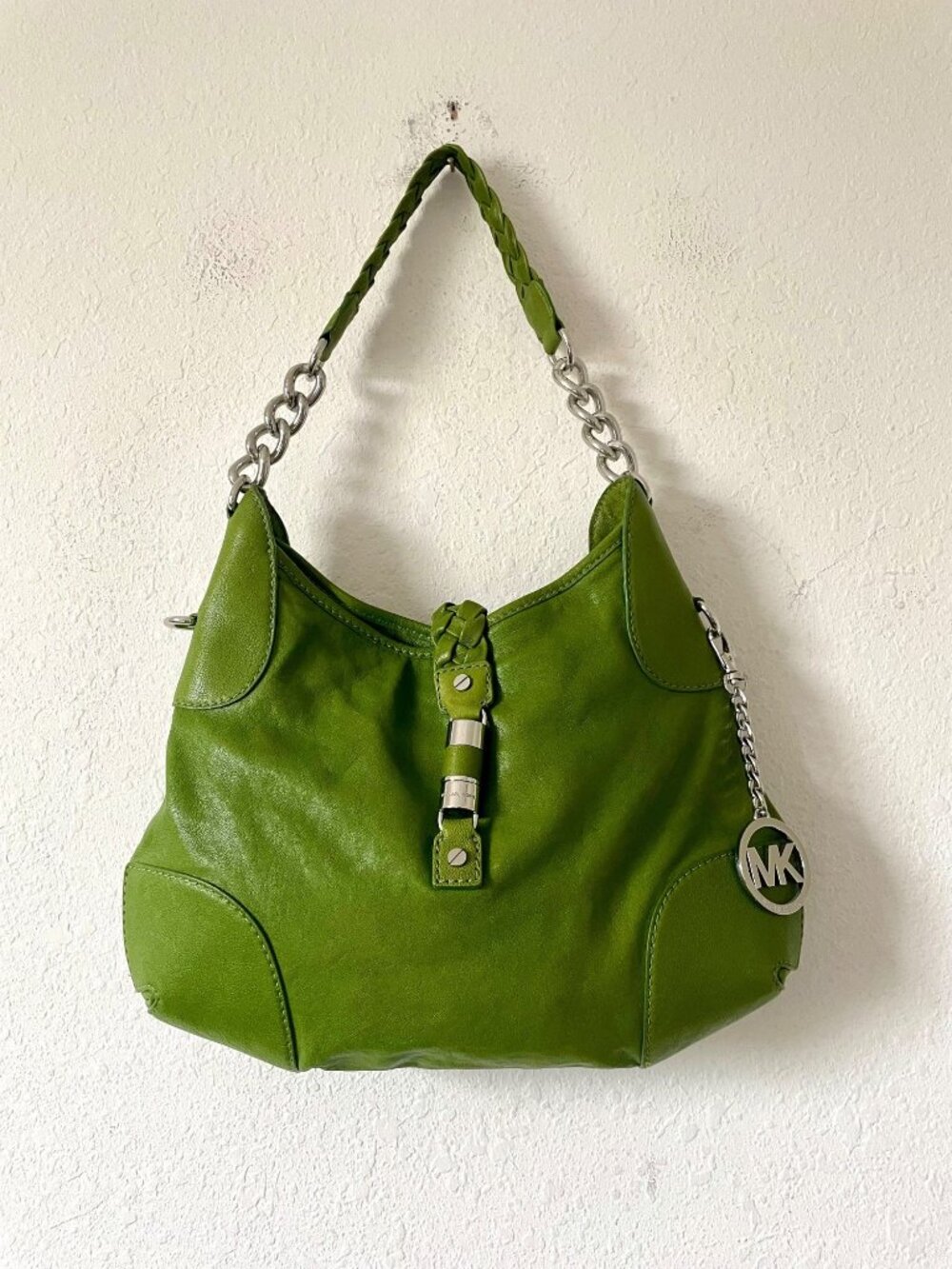 MICHAEL KORS Green Smooth Leather Braided Strap Hobo Shoulder Bag